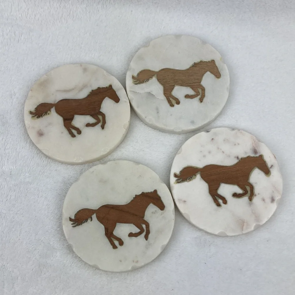 Boot Barn Ranch Wood Horse Inlay Marble Coaster Set of 4